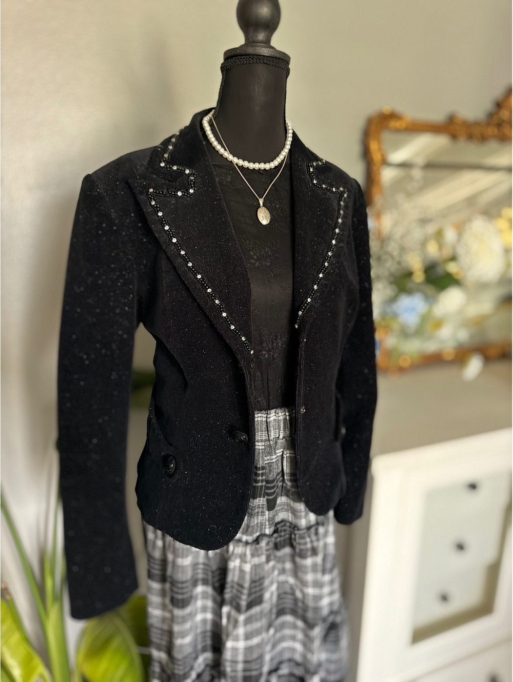 Bisou Bisou Y2K Black Rhinestone Embellished Blazer Jacket Size L